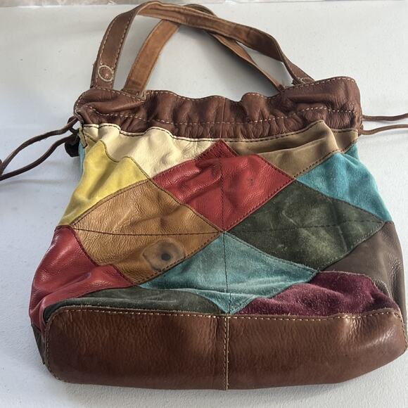 Lucky Brand Hobo Shoulder Bag Colorful Patchwork Leather Suede Flowers Vtg Boho - Picture 9 of 16